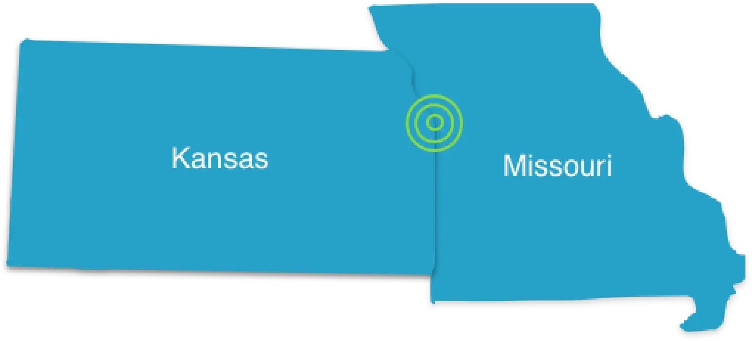 Blue map showing Kansas and Missouri with a green service area centered on Kansas City