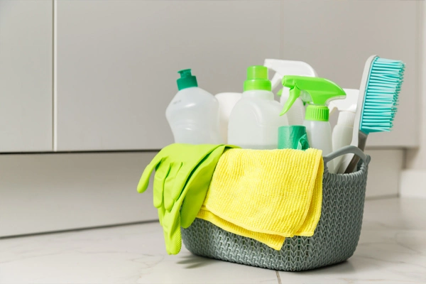 A basket of cleaning supplies, including bottles, a brush, and rags