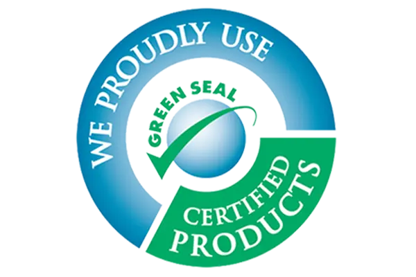 Logo that says “WE PROUDLY USE GREEN SEAL CERTIFIED PRODUCTS”
