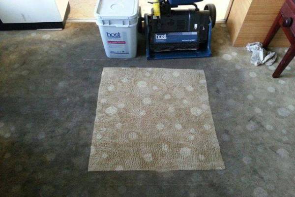 A clean square of dry-cleaned carpet in the middle of dirty carpet